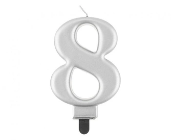 Świeczka B&C cyferka 8, metalik srebrna, 8,0 cm