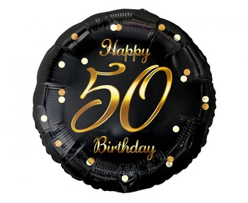 Balon foliowy B&C Happy 50 Birthday, czarny, nadruk złoty, 18 cali