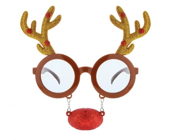 Okulary imprezowe renifer z czerwonym nosem i rogami na Boże Narodzenie