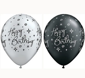 Balon QL 11" z nadr. "Happy Birthday", metalik czarny i srebrny / 25 szt.