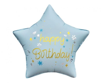Balon foliowy Happy Birthday Gwiazda matowy jasnoniebieski 45 cm