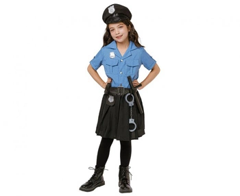Zestaw dla dzieci Niebieska Policjantka (bluzka, spódnica, pasek, czapka, kajdanki, krótkofalówka, pałka), rozm. 110/120 cm