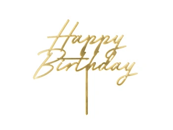Topper akrylowy na tort Happy Birthday złoty 18 x 16,5 cm