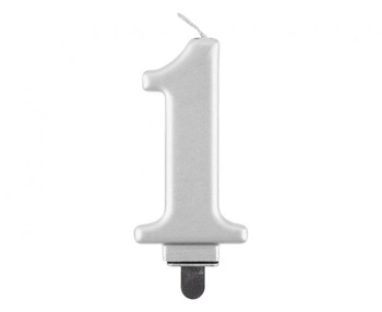 Świeczka Cyfra 1 metalik srebrna 8,0 cm