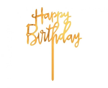 Dekoracja akrylowa na tort Happy Birthday złota 14 x 10 cm