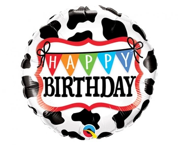 Balon foliowy 18" QL CIR "Happy Birthday - Holstein Cow Pattern"