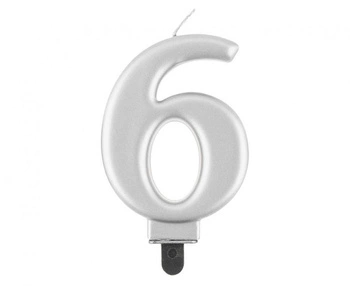 Świeczka Cyfra 6 metalik srebrna 8,0 cm