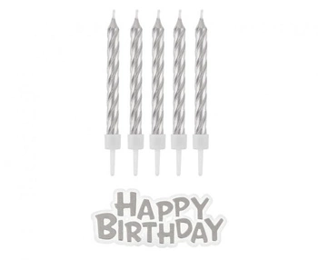 Świeczki urodzinowe Happy Birthday srebrne 16 szt.