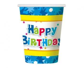 Kubeczki papierowe Happy Birthday niebieskie 270 ml 6 szt.