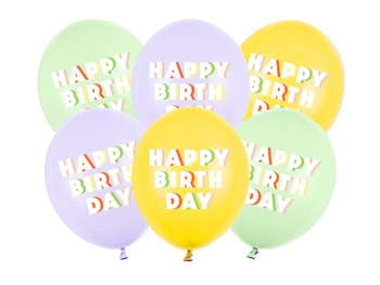 Balony 30 cm, Happy Birthday, mix (1 op. / 6 szt.)