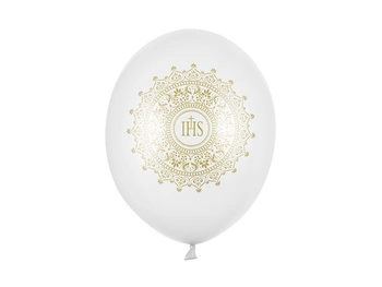 Balony lateksowe Pierwsza Komunia IHS metaliczne białe 30 cm 6 szt.