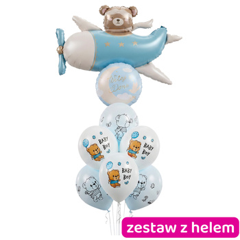Gotowy zestaw balonów z helem na Narodziny Chłopca - Miś w samolocie